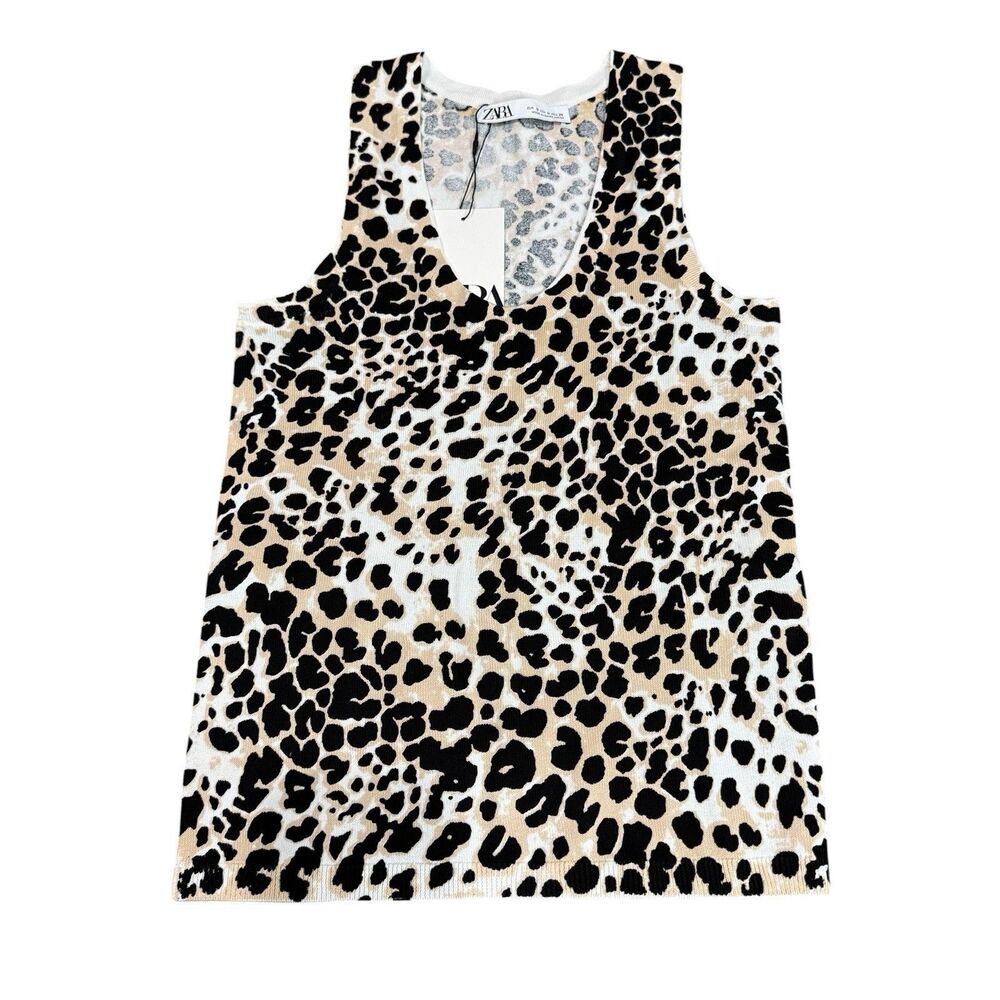Zara Sleeveless Knit Top Small Leopard Print V Neck Lightweight NWT Chic Top
